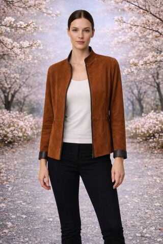 Hakiki Deri Çift Taraflı Fermuarlı Kahverengi Ceket