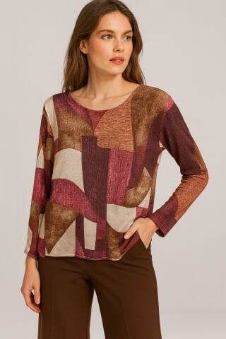 İtalyan Bordolu Kübik Desenli Yumuşacık Bluz