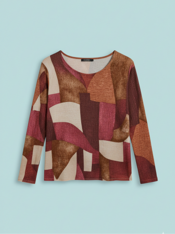 İtalyan Bordo Kübik Desenli Yumuşak Bluz