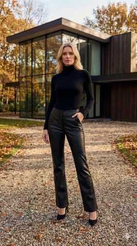 Bol Paça Siyah Deri Pantolon