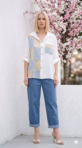 İtalyan Beyaz Bir Tarafı İşlemeli diger Tarafında Cep Olan Vual Gömlek