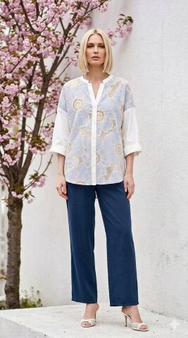 İtalyan Önü Mavi Bej  İşlemeli Beyaz Vual Gömlek