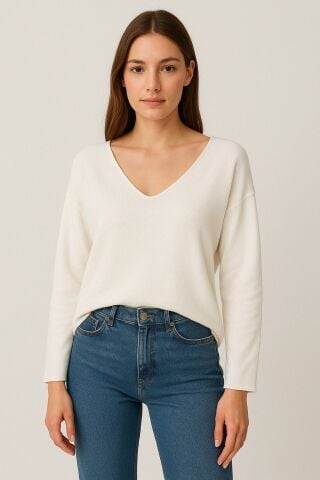 Beyaz Cotton V Yaka Triko Bluz