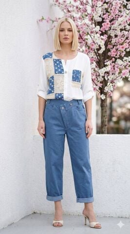 İtalyan Beyaz Pechwork  Desenli Vual Gömlek