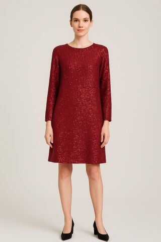 Bordo  Pullu Kısa Uzun Kollu Elbise