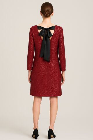 Bordo  Pullu Kısa Uzun Kollu Elbise