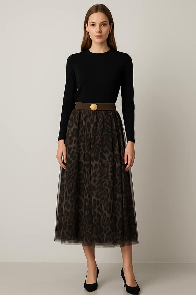 Leopar Desenli Tül Uzun Etek
