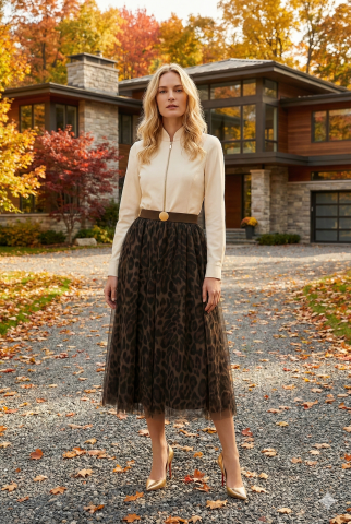 Leopar Desenli Tül Uzun Etek