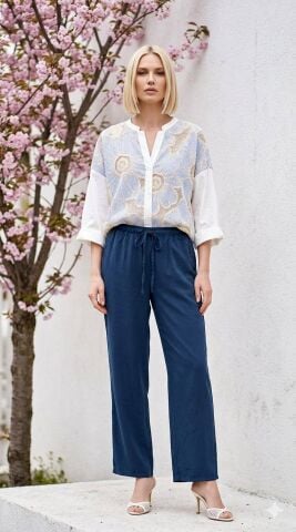 Lacivert Mikro Kumas Dökümlü  Beli Lastikli Pantalon