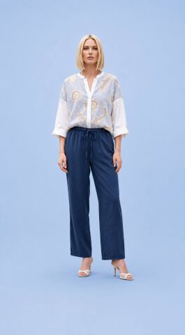 Lacivert Mikro Kumas Dökümlü  Beli Lastikli Pantalon
