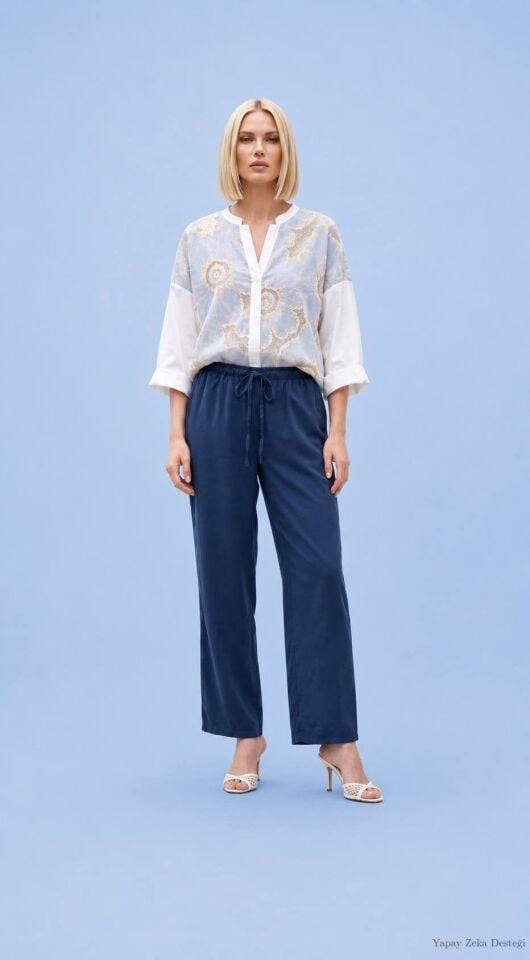 Lacivert Mikro Kumas Dökümlü  Beli Lastikli Pantalon
