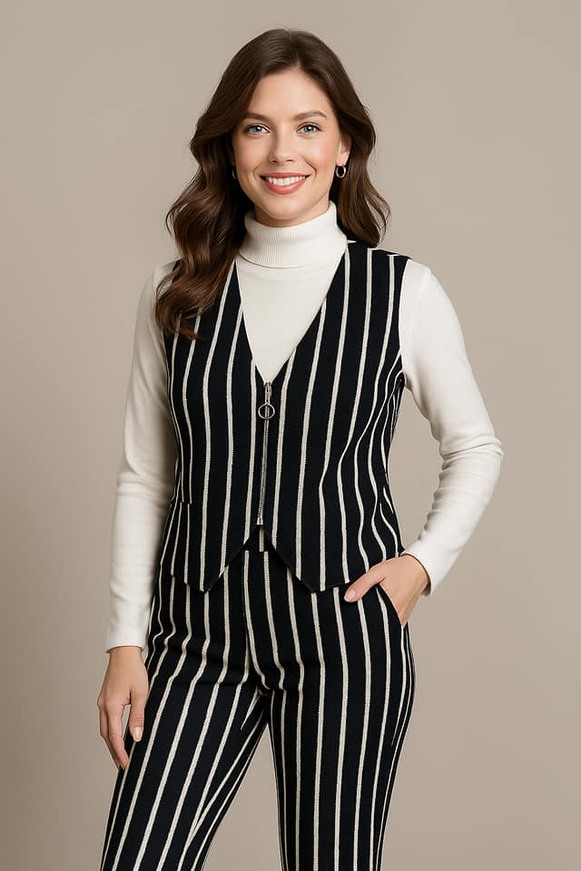 Siyah Beyaz Çizgili Yelek Pantalon Takım