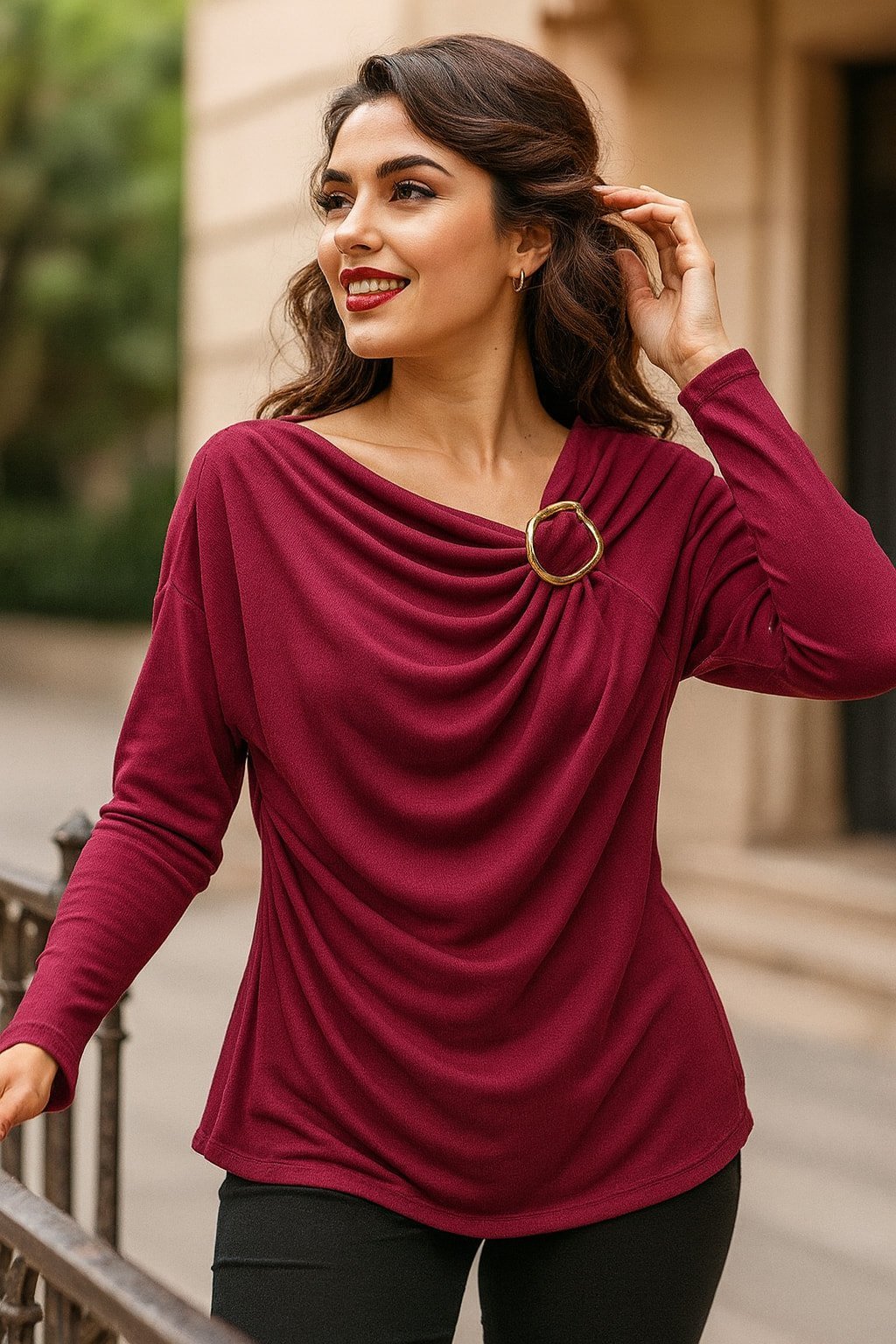 İtalyan   Bordo Asimetri Yakası Olan Viskon Bluz