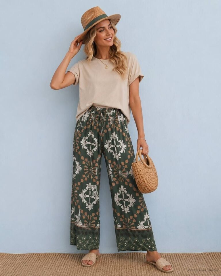 İtalyan  Haki Desenli Bol Paça  Beli Lastikli Pantalon