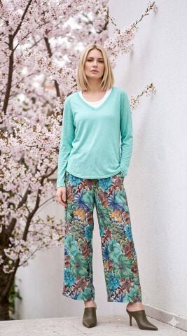 Yeşil Desenli  İtalyan Beli Lastikli Bol Paça Pantalon