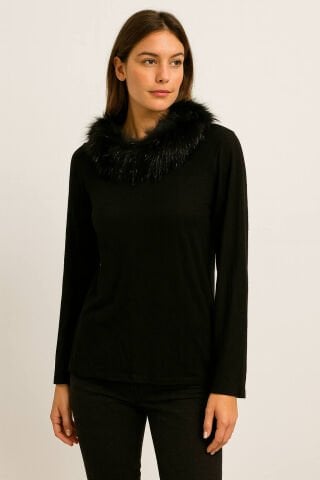 Siyah  İtalyan Yakası Kürklü Triko