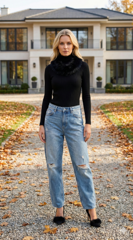 Siyah  İtalyan Yakası Kürklü Triko