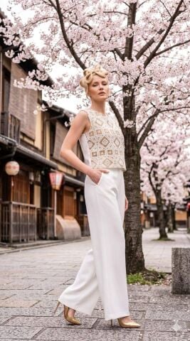 Beyaz Önü Bej Renkli Fistolu Kolsuz Kısa Bluz