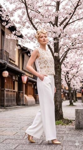 Beyaz Önü Bej Renkli Fistolu Kolsuz Kısa Bluz