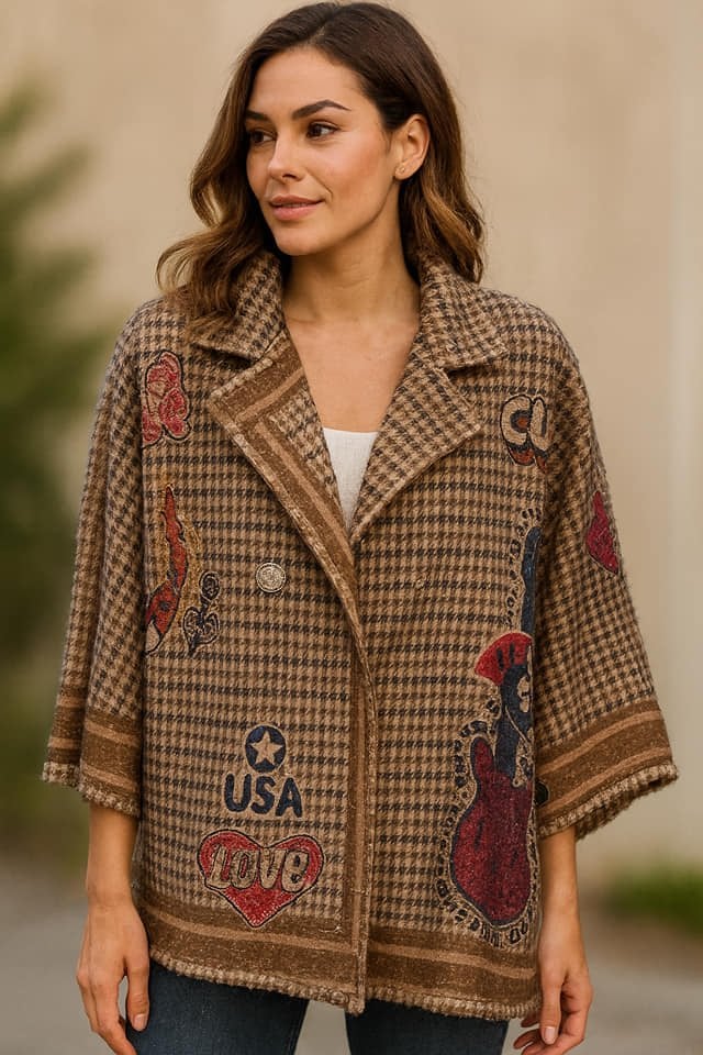 İtalyan  Kaşmir  Kareli Panço Modeli Kaban