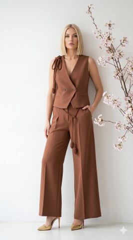 Kızıl Kahve Bol Paça Dökümlü Pantalon