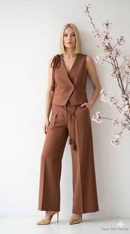 Kızıl Kahve Bol Paça Dökümlü Pantalon