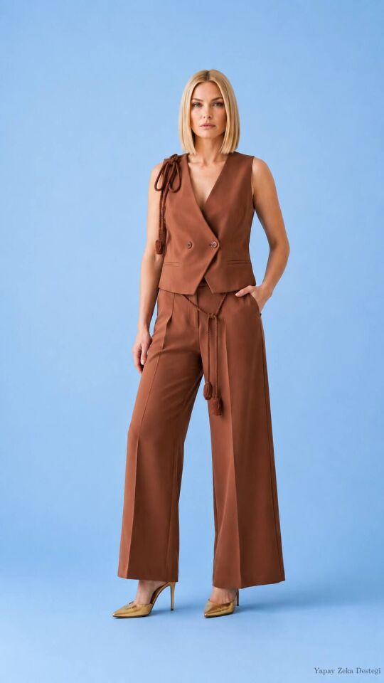 Kızıl Kahve Bol Paça Dökümlü Pantalon