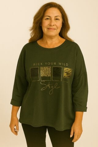 İtalyan Haki Yeşil Yuvarlak Yaka Dore Yazılı Sweet