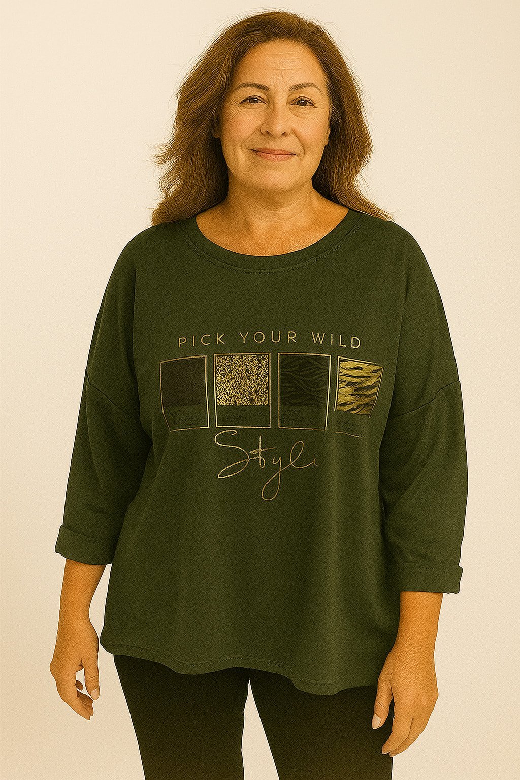 İtalyan Haki Yeşil Yuvarlak Yaka Dore Yazılı Sweet