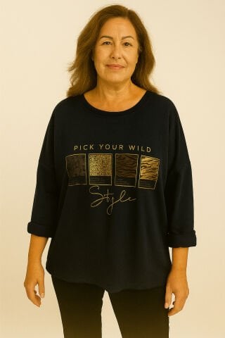 İtalyan Siyah Yuvarlak Yaka Dore Yazılı Sweet