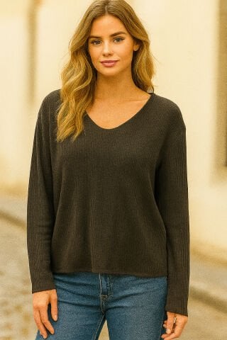 İtalyan Kahve Rengi V Yaka Viskon Bluz