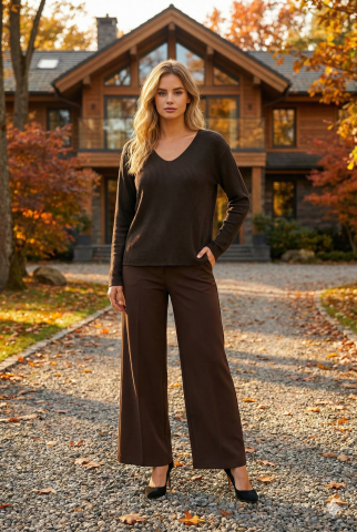 İtalyan Kahve Rengi V Yaka Viskon Bluz