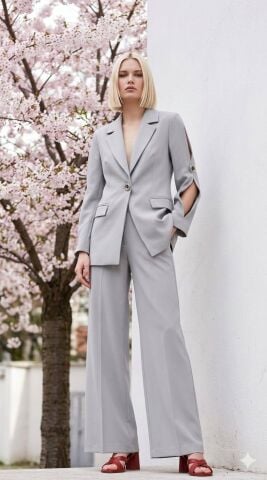 Gri Dökümlü Kumaş Koll Detaylı Gümüş Rengi Dümeleri Olan   Tasarım Ceket