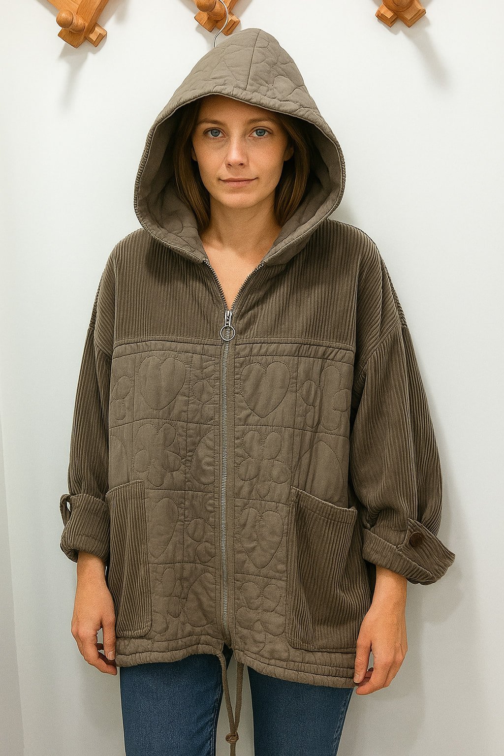 İtalyan   Haki  Çizgili Kadife İle Kapitone Kapşonlu  Kaban