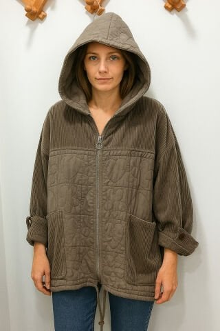 İtalyan   Haki  Çizgili Kadife İle Kapitone Kapşonlu  Kaban