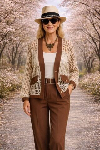 Bej Rengi File Kahve Kombinli  Ceket