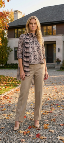 Bej Siyah Renklerinde Leopar Ve Çizgili Kumaş Kombinli  İpek Bluz