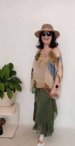 Italyan Kaki Desenli İpek Asimetri Tunik