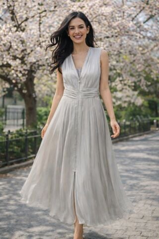 Gri  Gümüş Görünümlü kolsuz Beli Oturan Tasarım Elbise