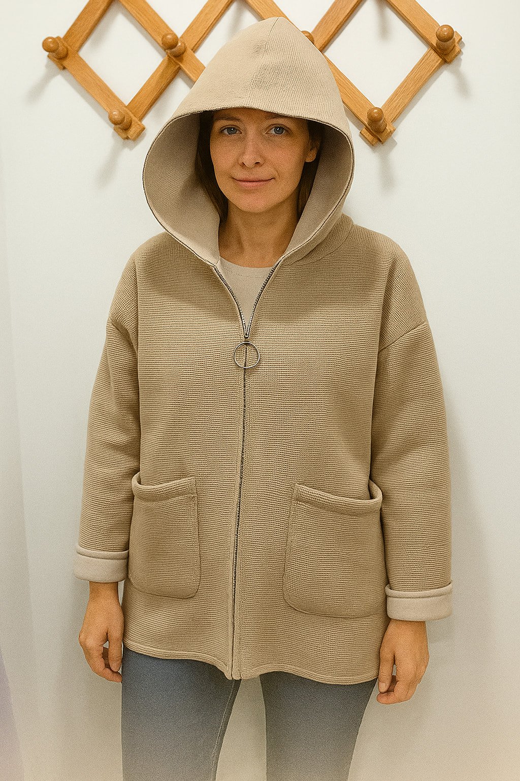 İtalyan   Bej  Çizgili Kadife İle Kapitone Kapşonlu  Kaban