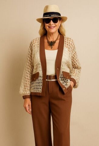 Kahve Rengi Dökümlü Kumaş  Boru Paça Pantalon