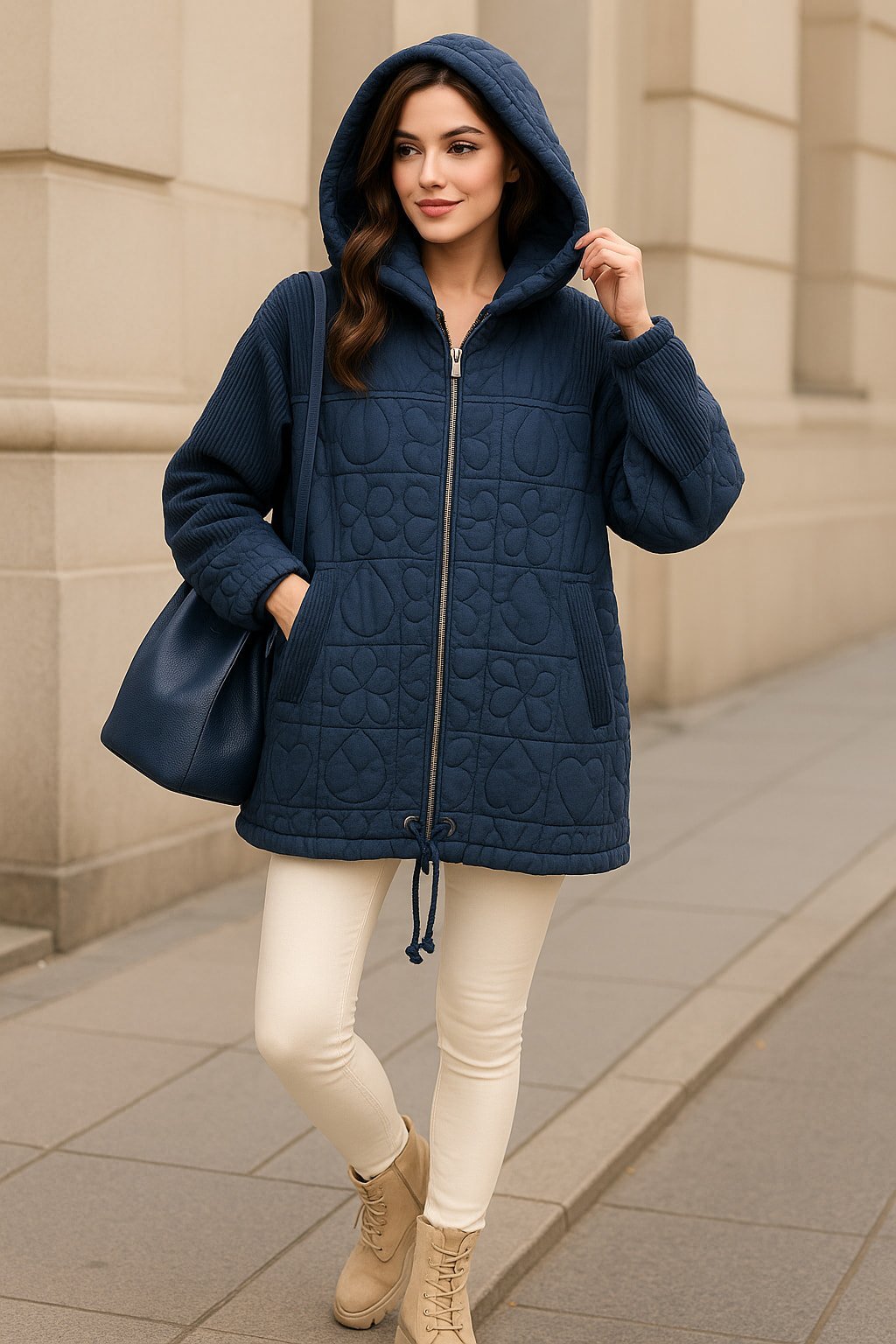 İtalyan   Bej  Çizgili Kadife İle Kapitone Kapşonlu  Kaban