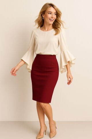 Bordo Rengi Dar Diz Altı Etek