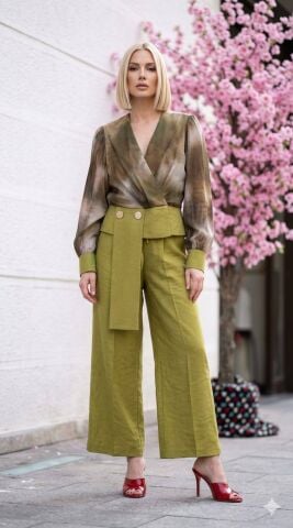 Elma Yeşili Şantuk Kumaş Beli Lastikli Bol Paça Pant