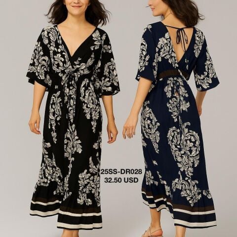 Siyah Beyaz İtalyan  Ön Arka V Yaka  Kısa Kollu Uzun Elbise