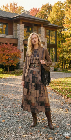 Haki Desenli Belden Bağlı İpekli Bol Kollu Bluz