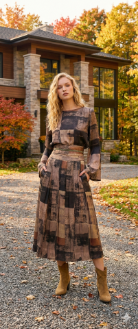 Haki Desenli Belden Bağlı İpekli Bol Kollu Bluz