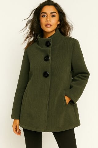 İtalyan Haki Düğmeli Kaşe Kaban