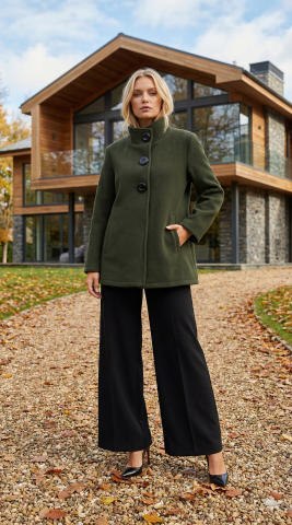 İtalyan Haki Düğmeli Kaşe Kaban