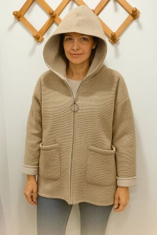 İtalyan Bej Rengi Kapşonlu Supra Kaban